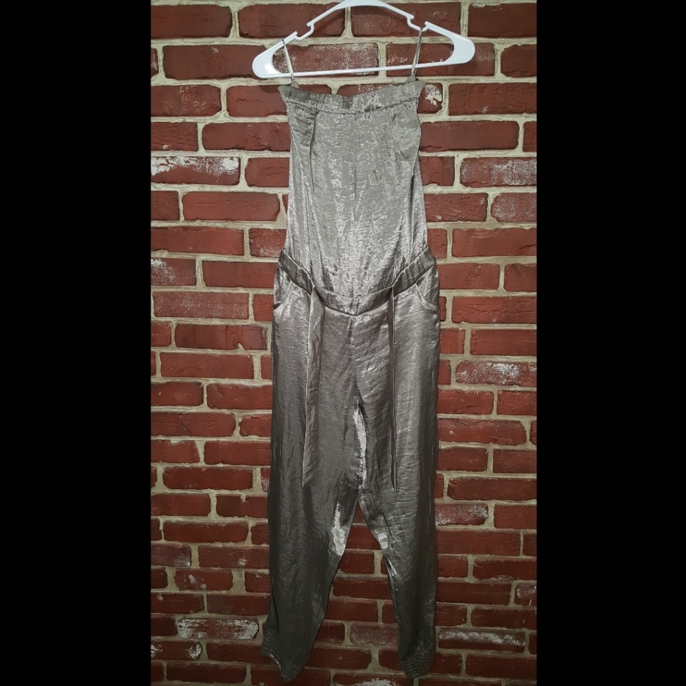 Almost new pewter metallic strapless jumpsuit
